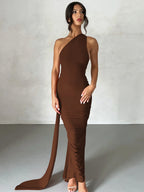 One Shoulder Backless Ruched Slim Long Dress