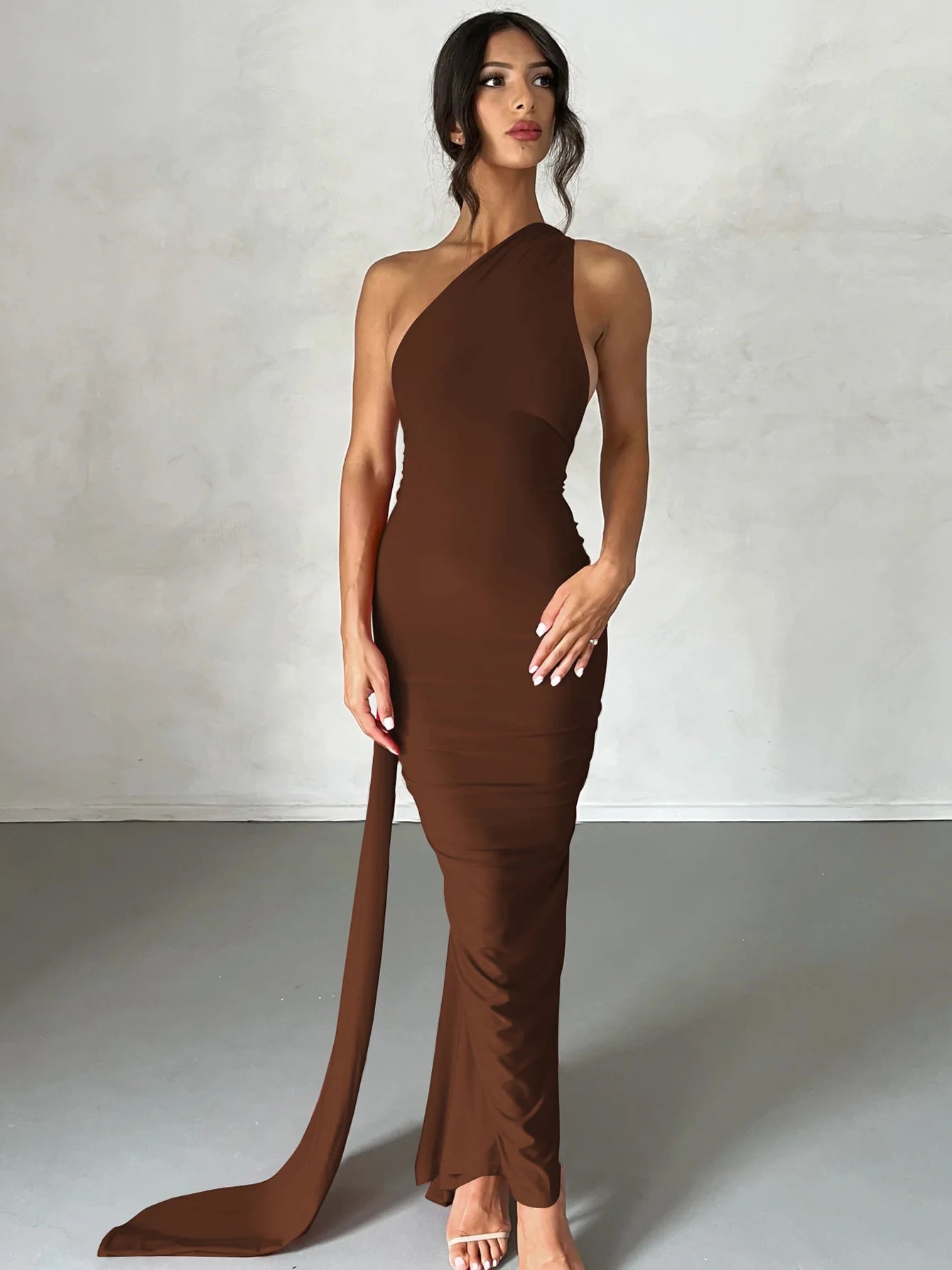 One Shoulder Backless Ruched Slim Long Dress
