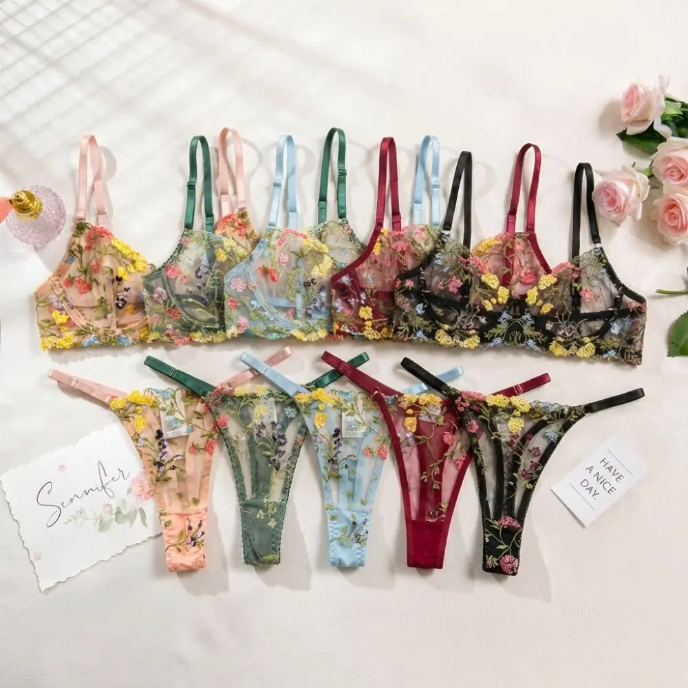 Floral Sheer Embroidery Lingerie Set With Underwire Push Up Bra And Panty Two Piece