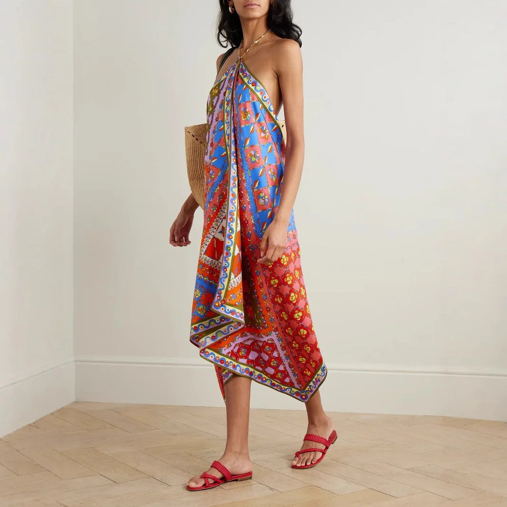 Dreamy Boho Breeze Satin Halter Neck Maxi Dress