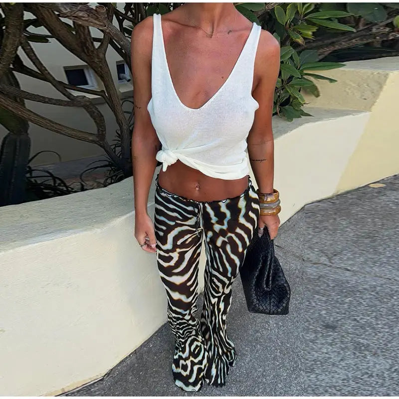 Zebra Print Sheer Chiffon Set With V Neck Tank And Wide Leg Pants