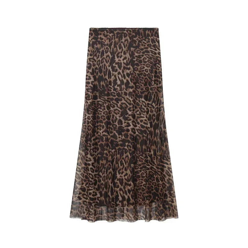 Vintage Leopard Print Mesh Long Skirt With Empire Waist Flowy Tulle