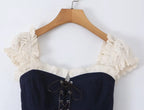 Women's Navy Blue Bustier Blouse With White Patchwork Lace-Up Front