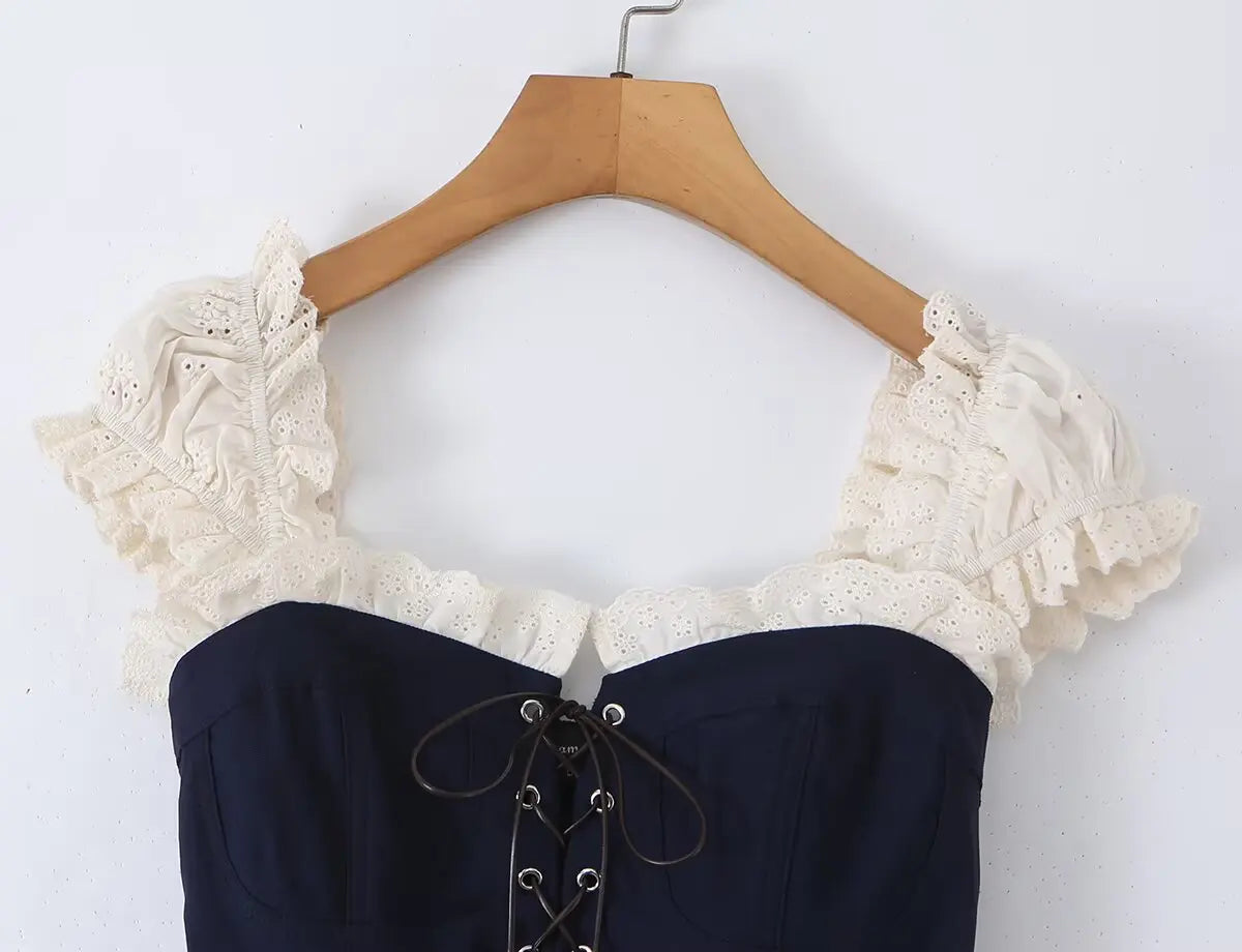 Women's Navy Blue Bustier Blouse With White Patchwork Lace-Up Front