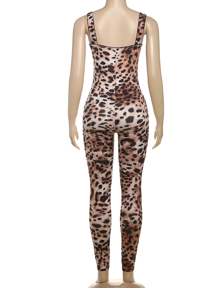 Leopard Print Sleeveless Jumpsuit For Women