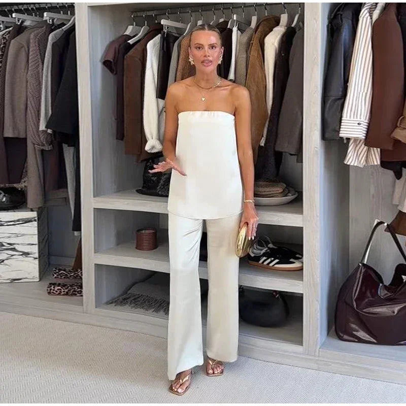 Chic Two Piece Set With Backless Tube Top And Wide Leg Pants