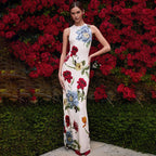 Floral Garden Maxi Dress With Round Neck Sleeveless Slim Fit Elegant Style