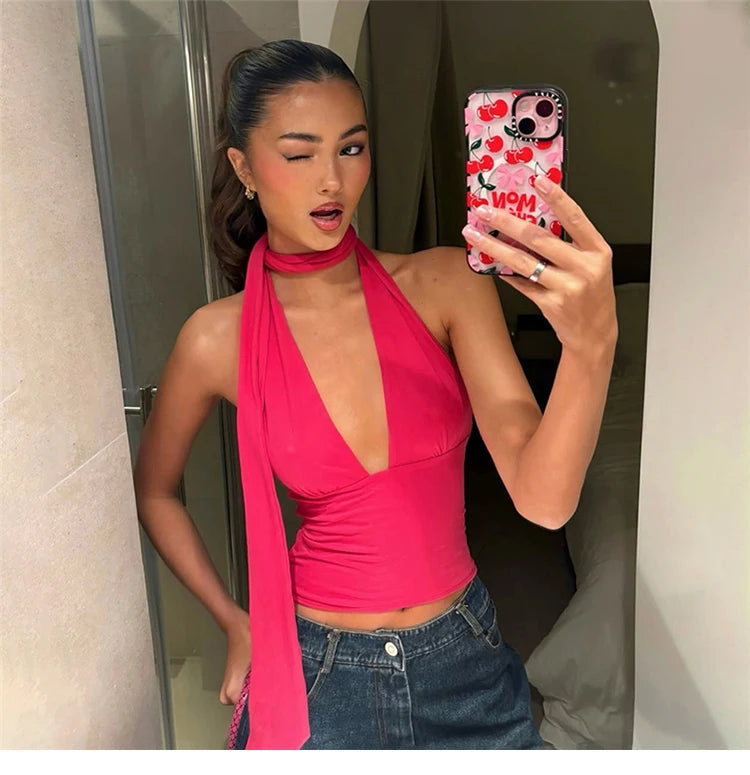 Spicy Flame Backless Vest With Deep V Neck For Versatile Style