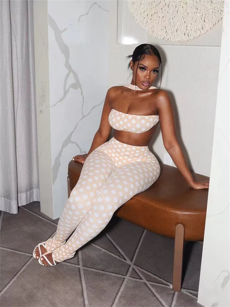 Polka Dot Halter Backless Two Piece Set