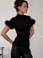 Patchwork Feather Sleeve Turtleneck Top Short Sleeve Tee