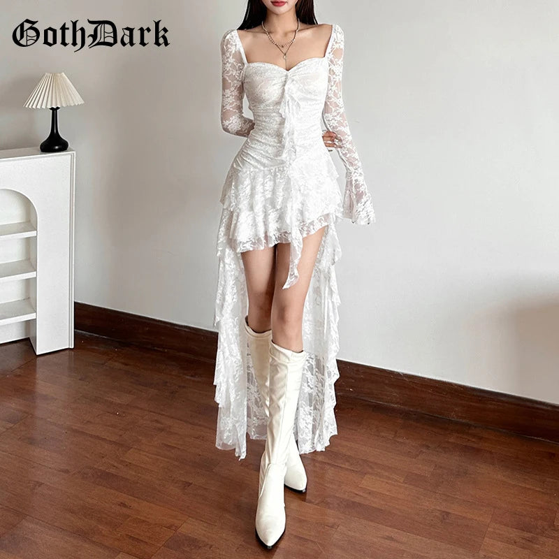 Gothic Fairycore Lace A Line Dress With Flare Sleeves And Square Neck