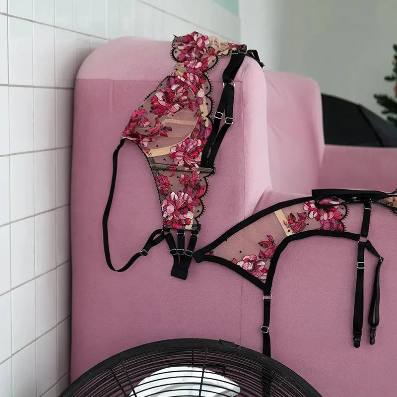 Clashing Floral Embroidered Lingerie Set With Push Up Bra And Matching Panty