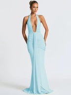 Deep V-Neck Backless Ruched Maxi Dress Halter Gown