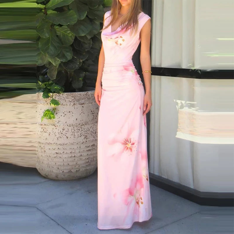 Elegant Floral Printed Pleated Maxi Dress With High Waist And V Neck Sleeveless