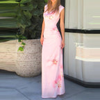 Elegant Floral Printed Pleated Maxi Dress With High Waist And V Neck Sleeveless
