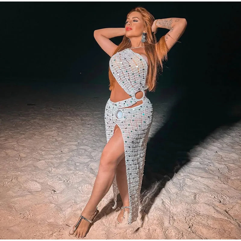 Sexy Sequin Hollow Out Knit Maxi Dress With One Shoulder Front Split Gown