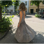 Polka Dot Pleated Maxi Dress With Slit V Neck Off Shoulder Sleeveless Evening Wear