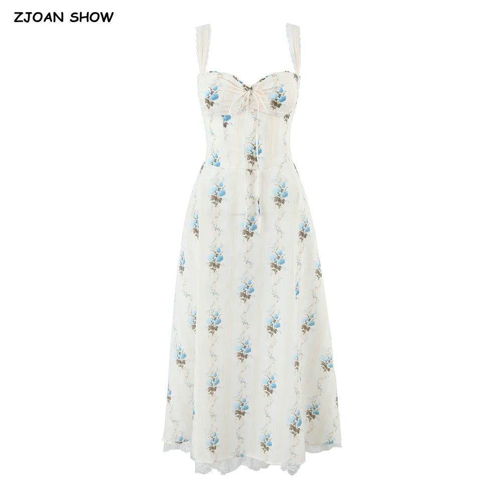 Romantic Apricot Floral Print Bow Ruched Midi Dress With Lace Lining For Women And Elegant Silhouette