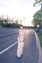 Rose Print Reverie Backless Fishtail Midi Dress With Tiered Ruffles And V Neck