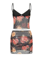 Floral Print Two Piece V Neck Cami Top With Elastic Waist Mini Skirt Set