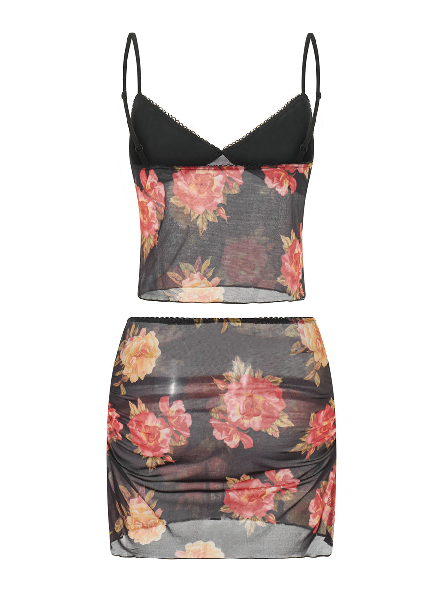 Floral Print Two Piece V Neck Cami Top With Elastic Waist Mini Skirt Set