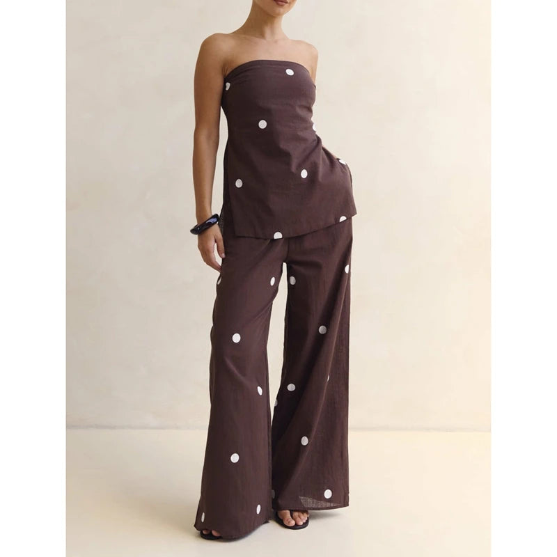 Polka Dot Print Outfits Set Smocked Backless Strapless Tube Tops+Elastic High Waist Wide Leg Pants