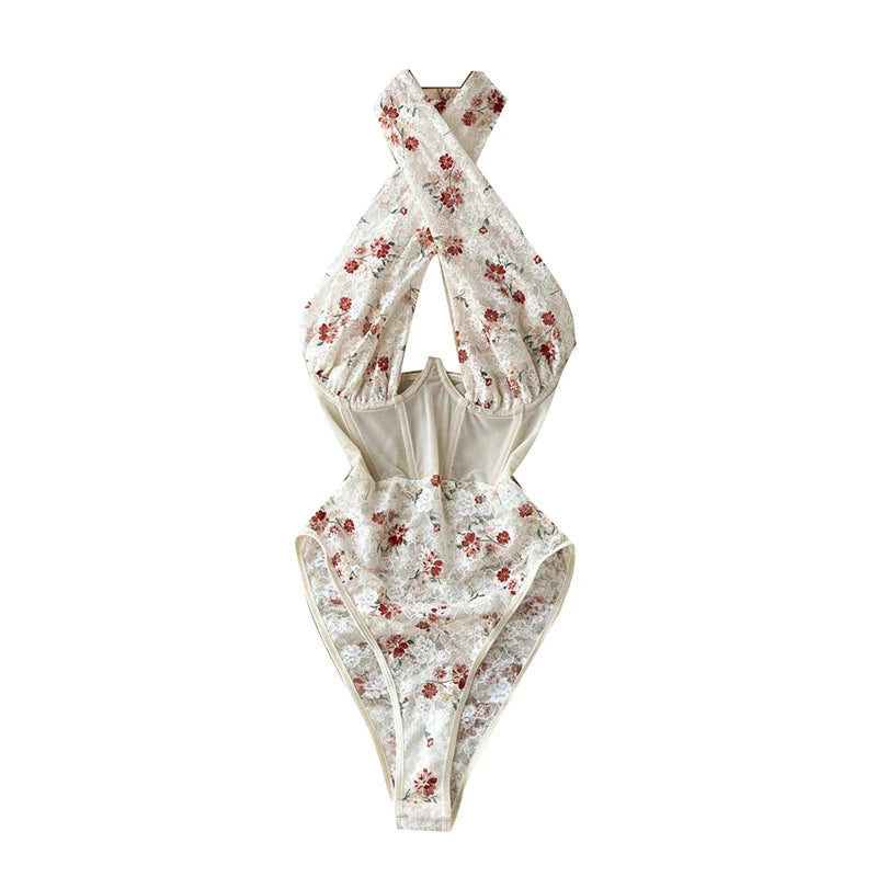 Floral Halter With Mesh Bodysuit