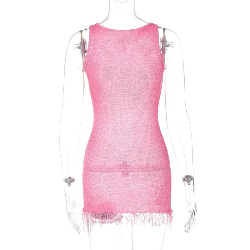 Knit Mini Dress With Tassels And Glitter