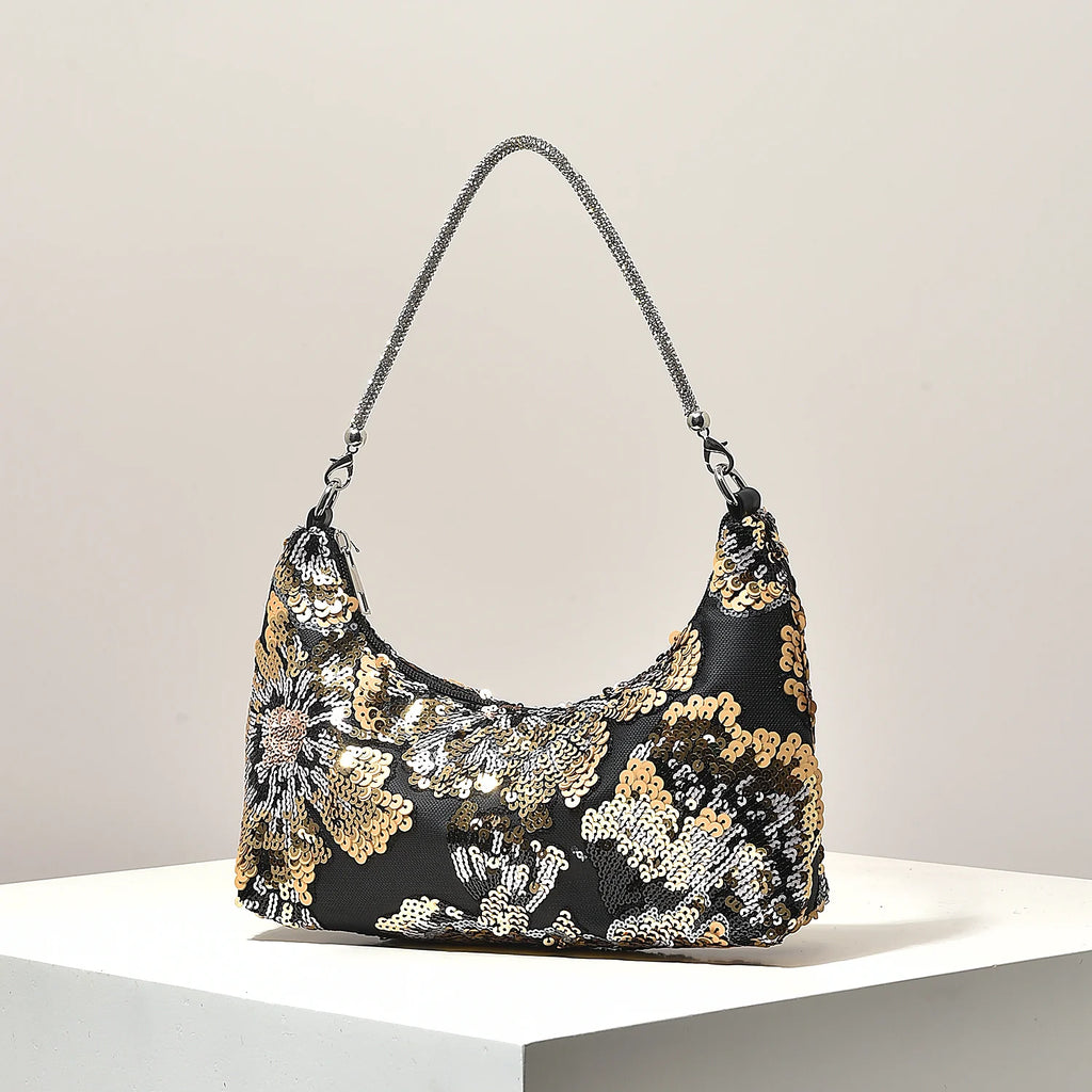 Floral Embroidered Sequin Shoulder Bag For Women Crescent Shape Evening Purse