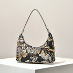 Floral Embroidered Sequin Shoulder Bag For Women Crescent Shape Evening Purse