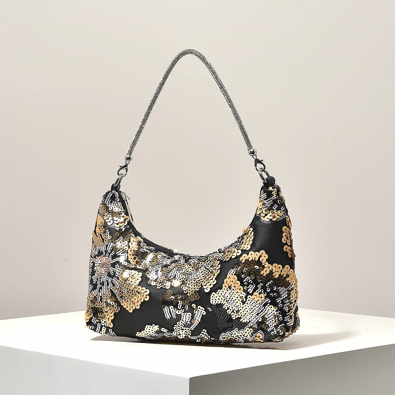 Floral Embroidered Sequin Shoulder Bag For Women Crescent Shape Evening Purse