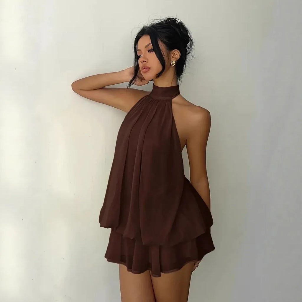 Women's Halter Neck Chiffon Mini Dress - Backless Tie-Front