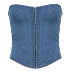 Off Shoulder Denim Corset Tank Top With Lace Up Back Hollow Detail Slim Bustier Camisole