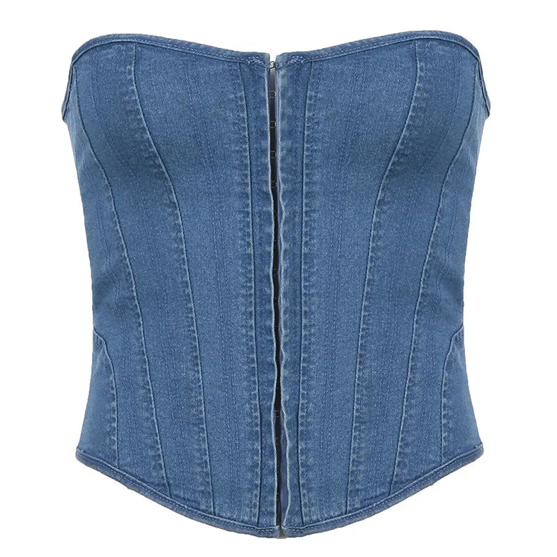 Off Shoulder Denim Corset Tank Top With Lace Up Back Hollow Detail Slim Bustier Camisole