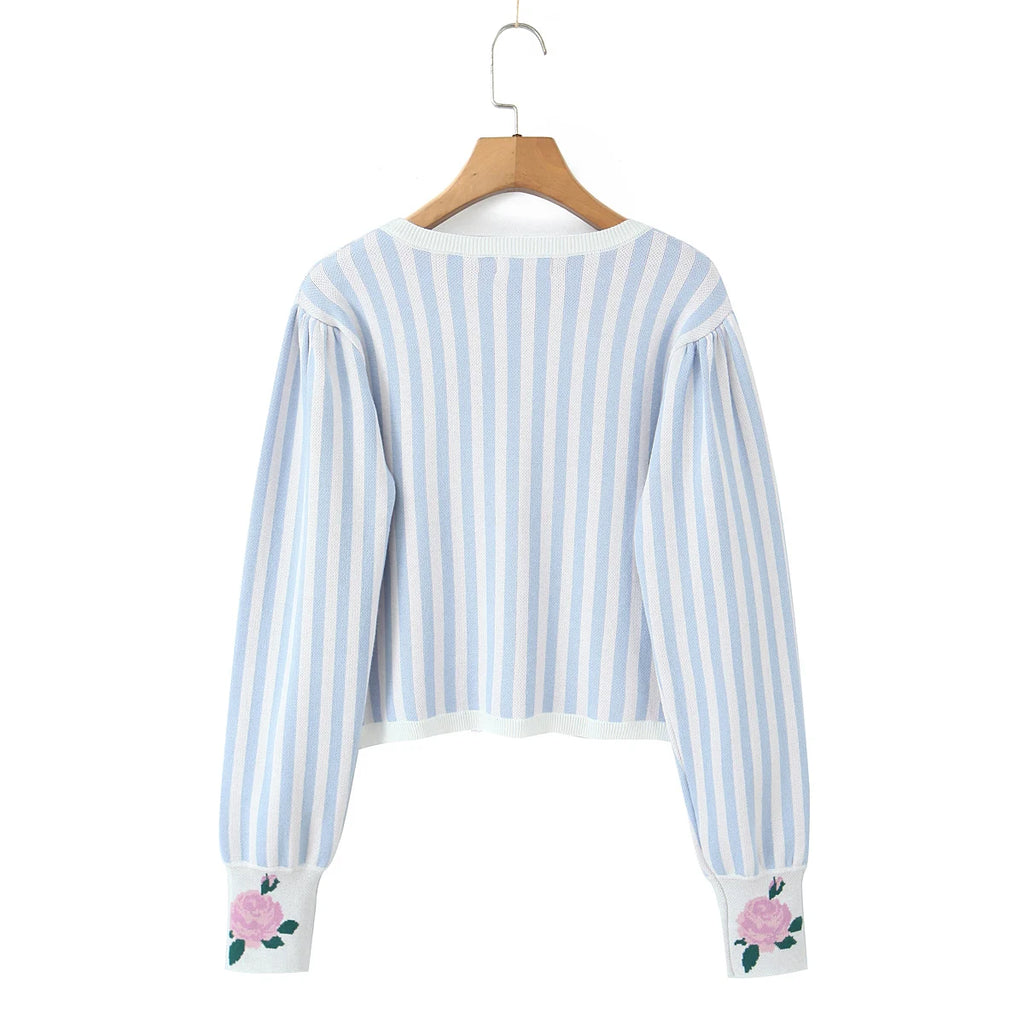 Sweet Blue White Striped Button Through Pointelle Knit Cardigan Sweater Woman Full Puff Sleeve Jumper Cropped Knitwear