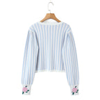 Sweet Blue White Striped Button Through Pointelle Knit Cardigan Sweater Woman Full Puff Sleeve Jumper Cropped Knitwear