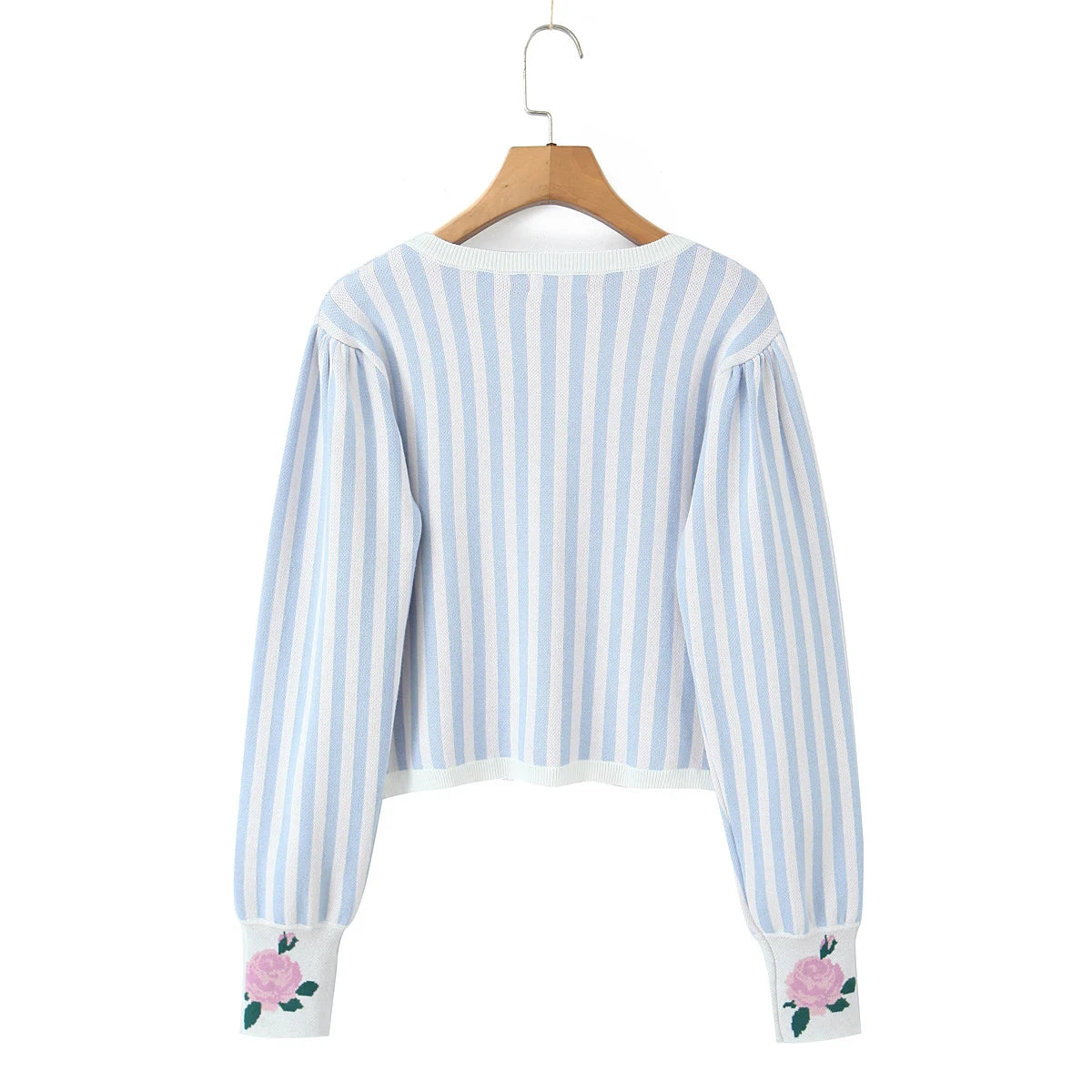Sweet Blue White Striped Button Through Pointelle Knit Cardigan Sweater Woman Full Puff Sleeve Jumper Cropped Knitwear