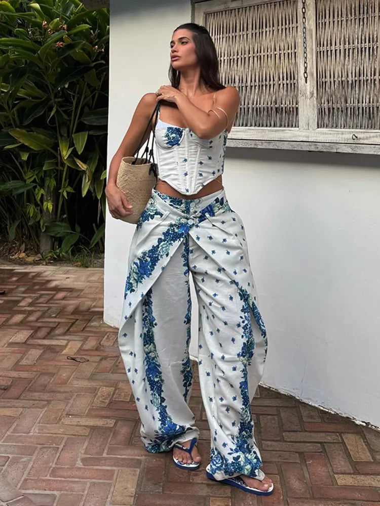 Playful Printed Vest And Trouser Set For Women Two Piece With Sleeveless Slip Top