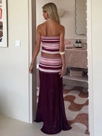 Striped Knit Two Piece Set With Mesh Patchwork Long Skirt