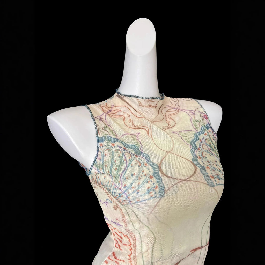 Chic Double Layer Mesh Tee With Elegant Print And High Collar Short Sleeve Women Net Shirt