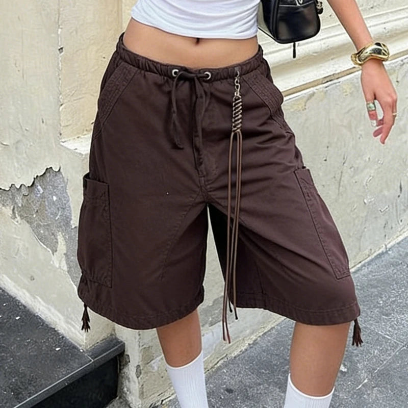 Retro Vintage Y2K Cargo Jean Drawstring Low Rise Baggy Denim Cyber Grunge Shorts