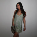 Sequined Tassel Halter Dress With Fur Fringe Backless V Neck