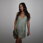 Sequined Tassel Halter Dress With Fur Fringe Backless V Neck