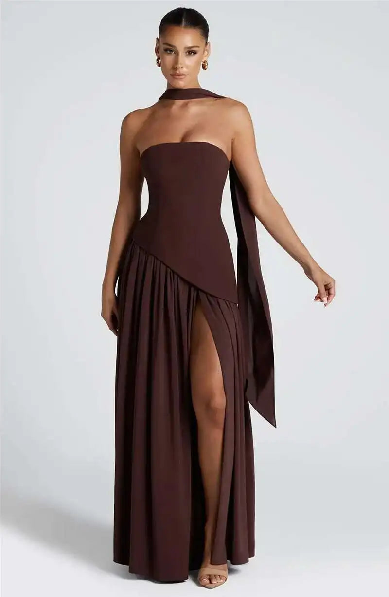 Elegant Off-Shoulder Evening Gown With Patchwork Pleats And Scarf Neck High Split Long Dress