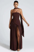 Elegant Off-Shoulder Evening Gown With Patchwork Pleats And Scarf Neck High Split Long Dress