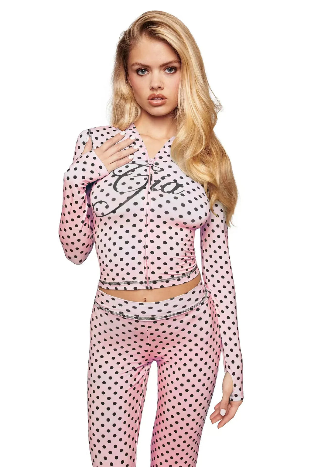 Two Piece Slim Fit Letter Print Hooded Zipper Jacket And Pants Set Open Thread Design