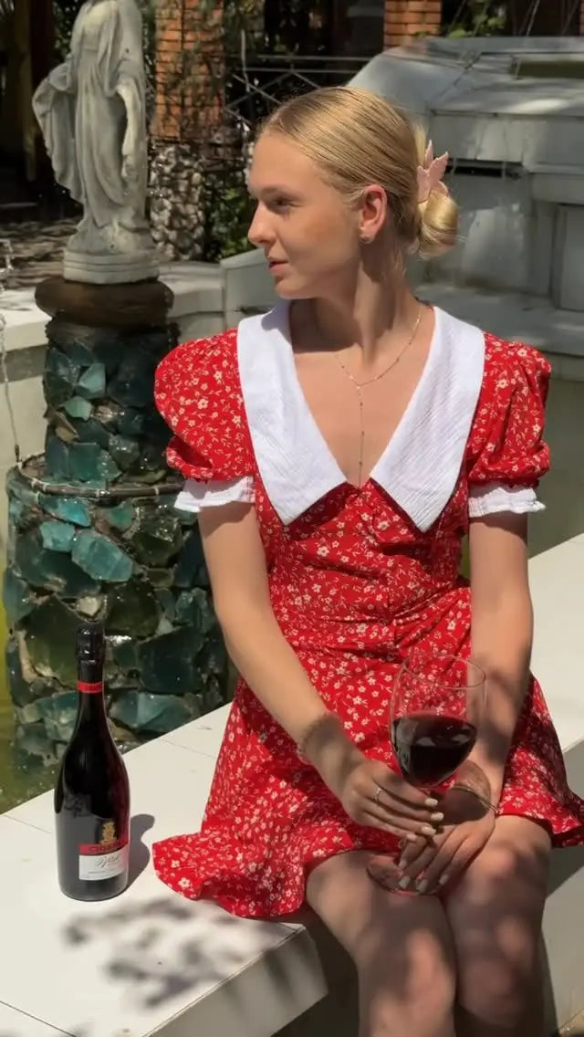 Romantic Red Floral Peter Pan Collar Dress With Puff Sleeves V Neck Button Front A Line Mini
