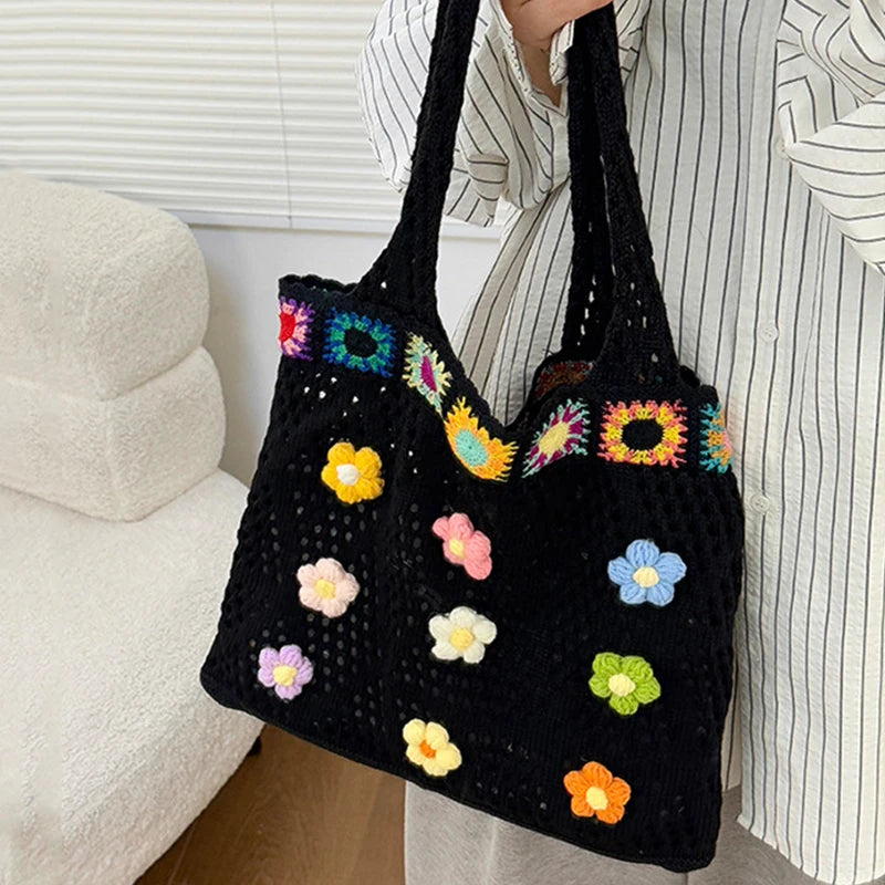 Boho Knitting Shoulder Bag With Floral Crochet