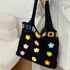 Boho Knitting Shoulder Bag With Floral Crochet