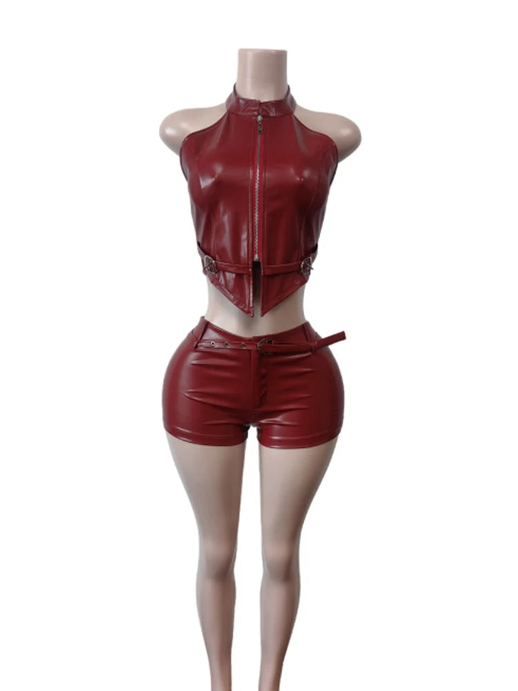 Luxe Two Piece Belted PU Set With Zip Halter Top And Skinny Shorts